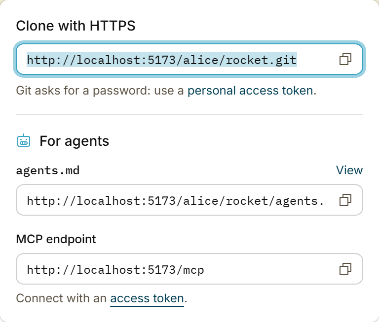 The Code menu, with the clone URL, the agents.md URL and the MCP endpoint