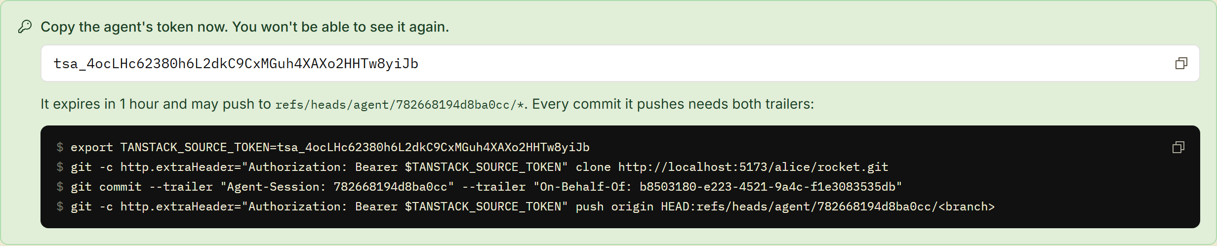 The new agent token, the branch that it can push to, and the git commands with the trailers of the session