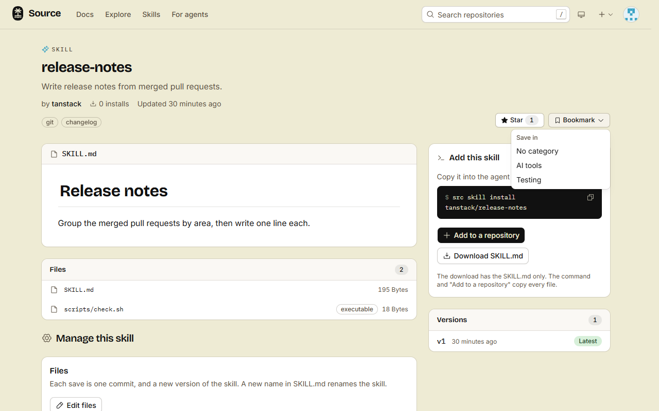 The Bookmark menu on a skill page, with No category and two categories