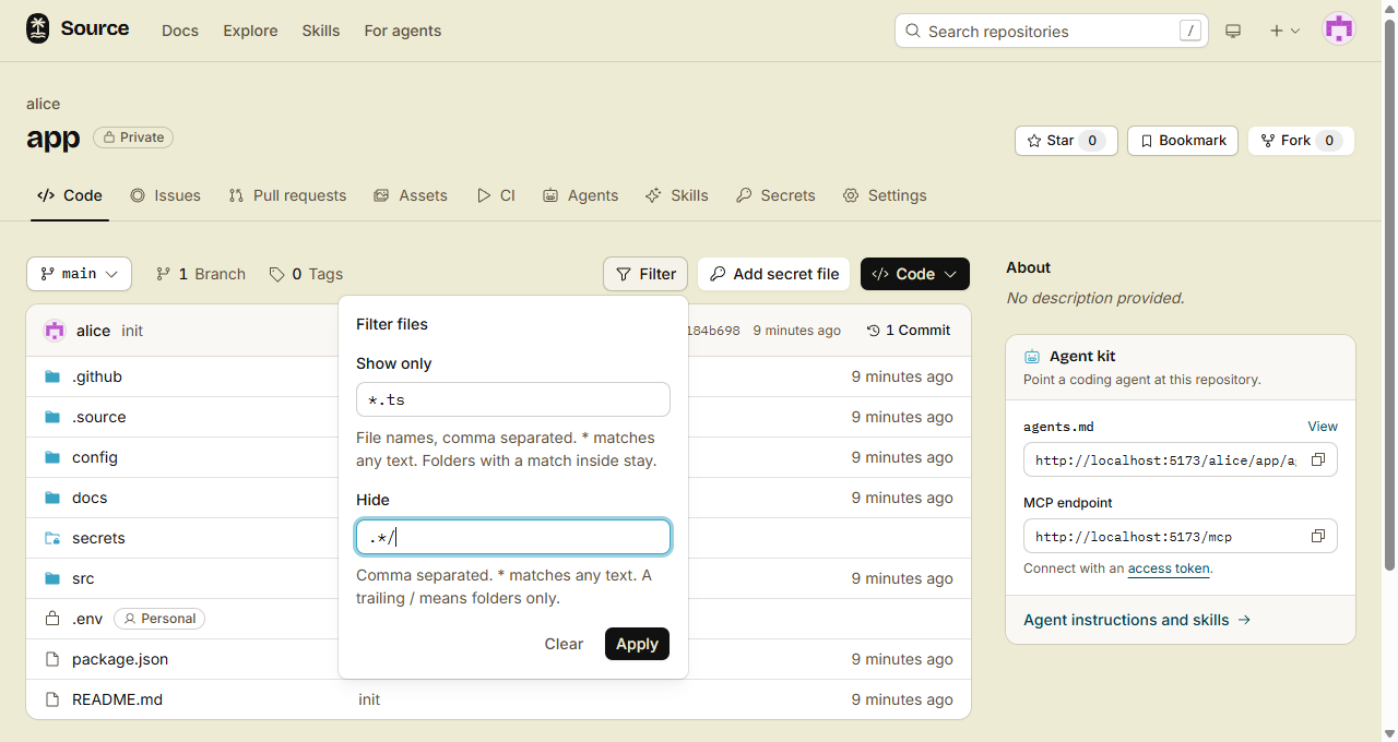 The Filter popover over the file list, with *.ts in Show only and .*/ in Hide