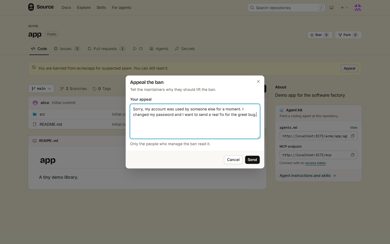 The Appeal the ban dialog, with the text of the appeal and the Send button.