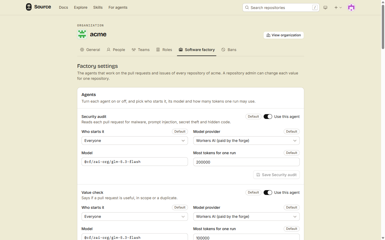 The Software factory tab of the organization acme, next to General, People, Teams, Roles and Bans, with the Factory settings for every repository of acme.