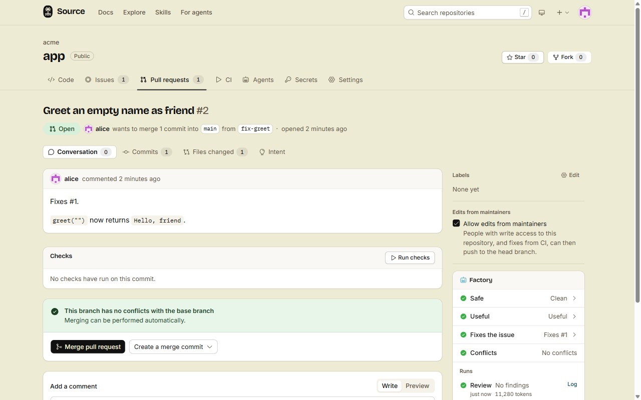 The Factory panel on a pull request: Safe: Clean, Useful: Useful, Fixes the issue: Fixes #1 and Conflicts: No conflicts. Click a row to read the reason.