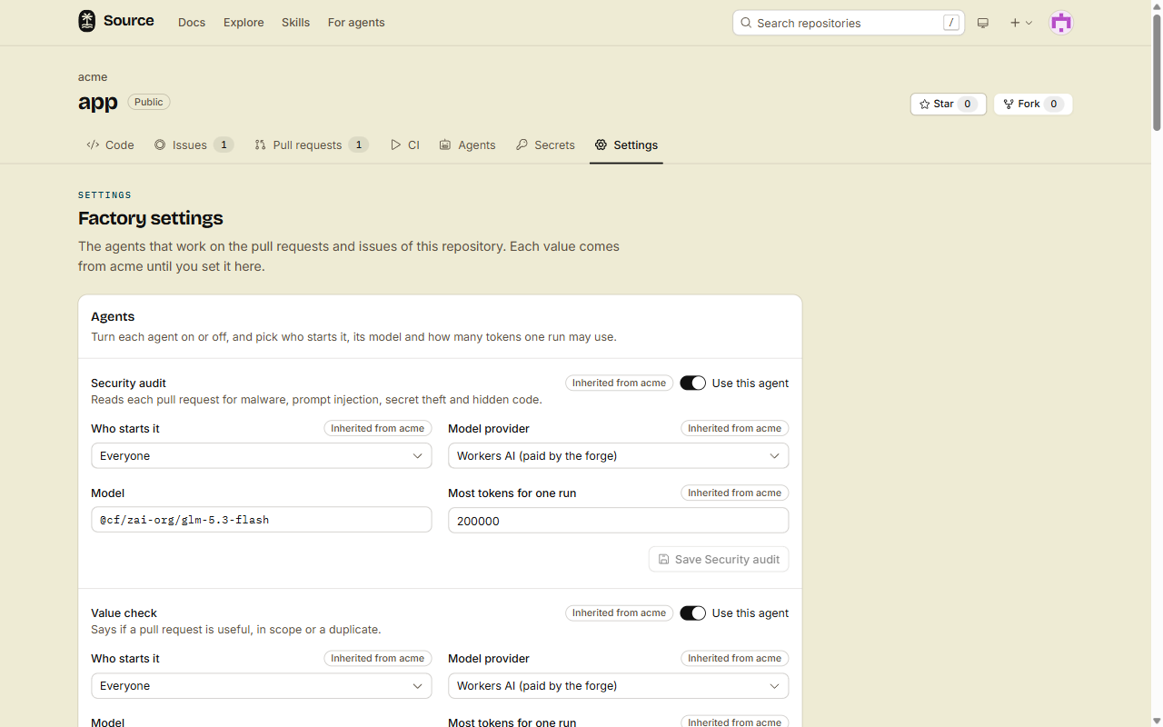 The Security audit agent on the Factory settings page of acme/app. Each value has an Inherited from acme badge.