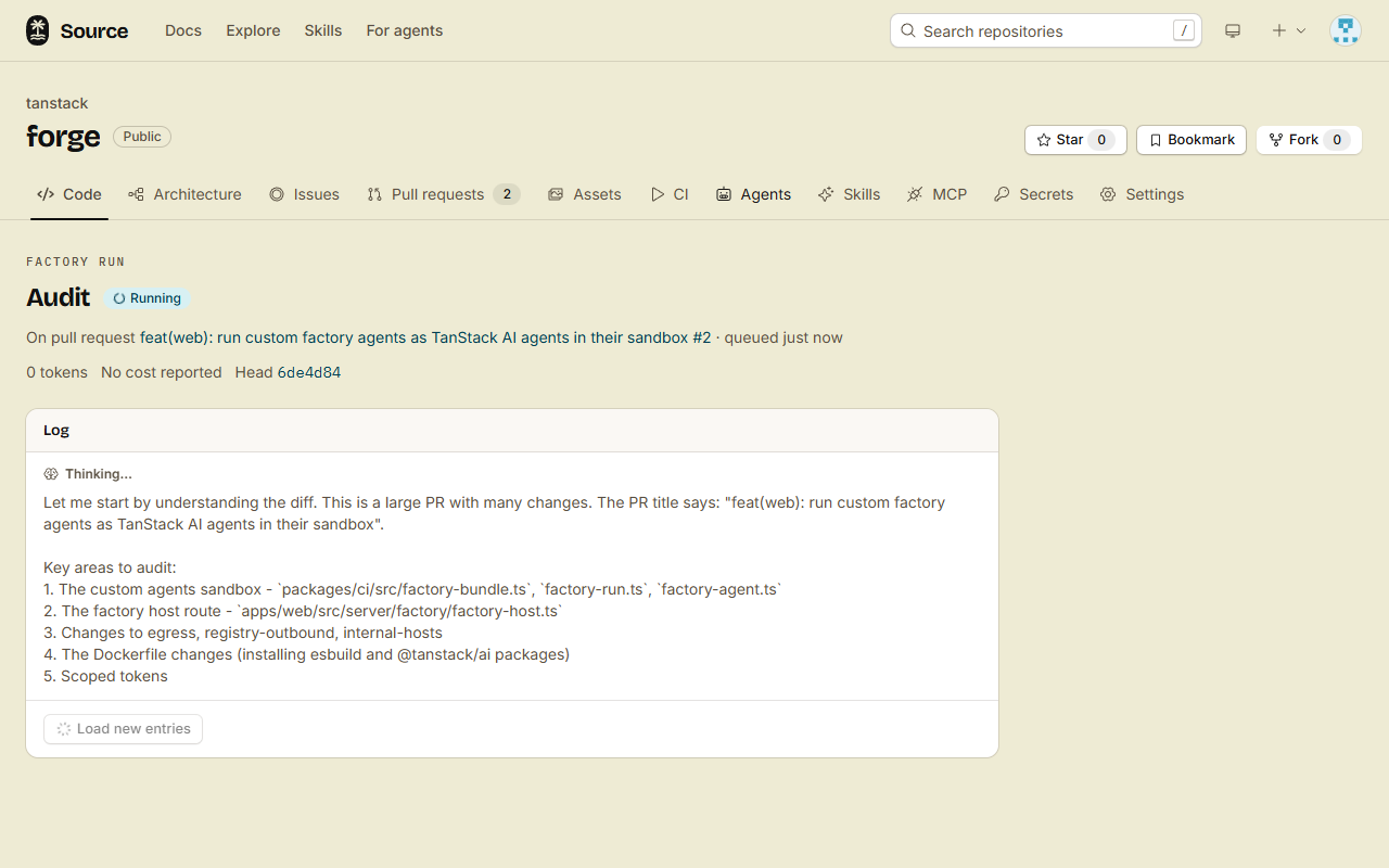 The page of an audit run that is going: Running, and the model's reasoning under Thinking, as it streams in.