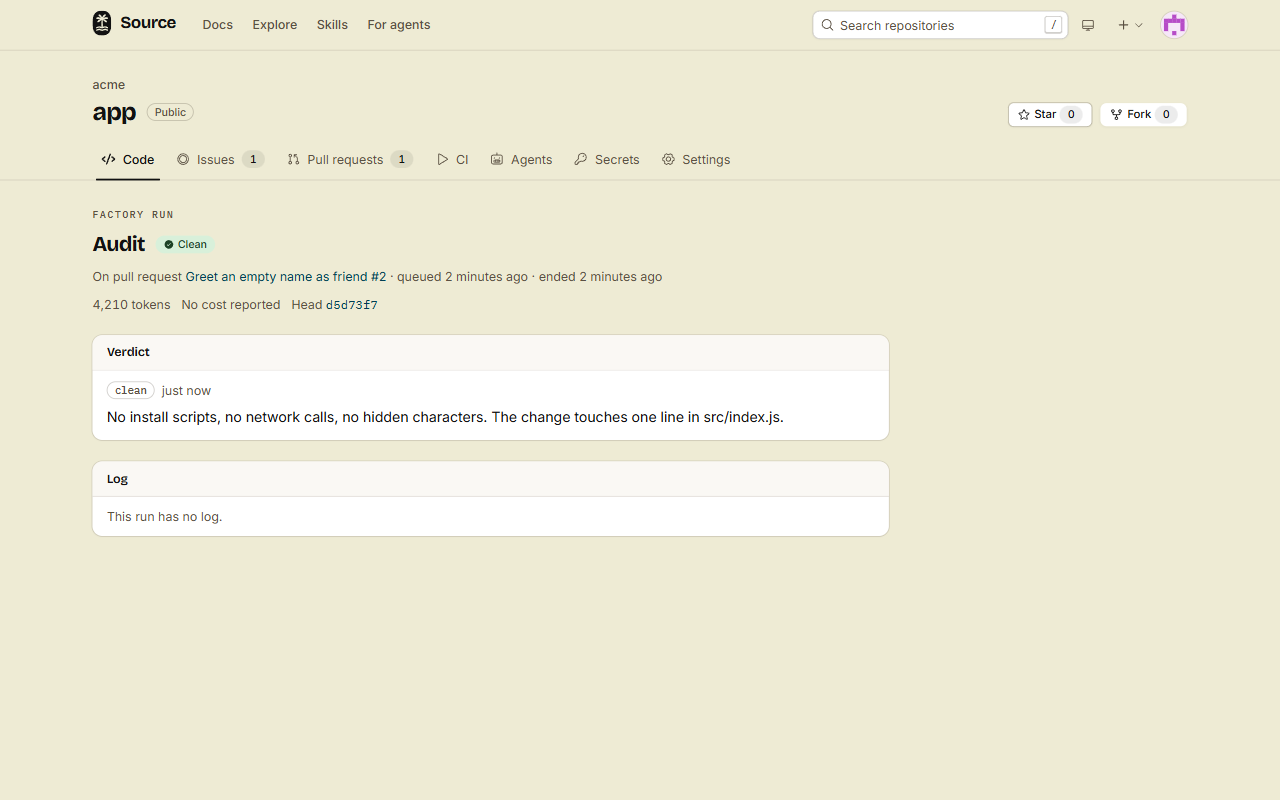 The page of an Audit run on pull request #2: the status Clean, 4,210 tokens, the head commit, and the verdict text.