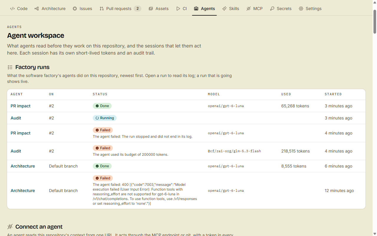The Factory runs list on the Agents tab: each run's agent, its pull request or the default branch, its status with the reason of a failed run, its model, its tokens and when it started.