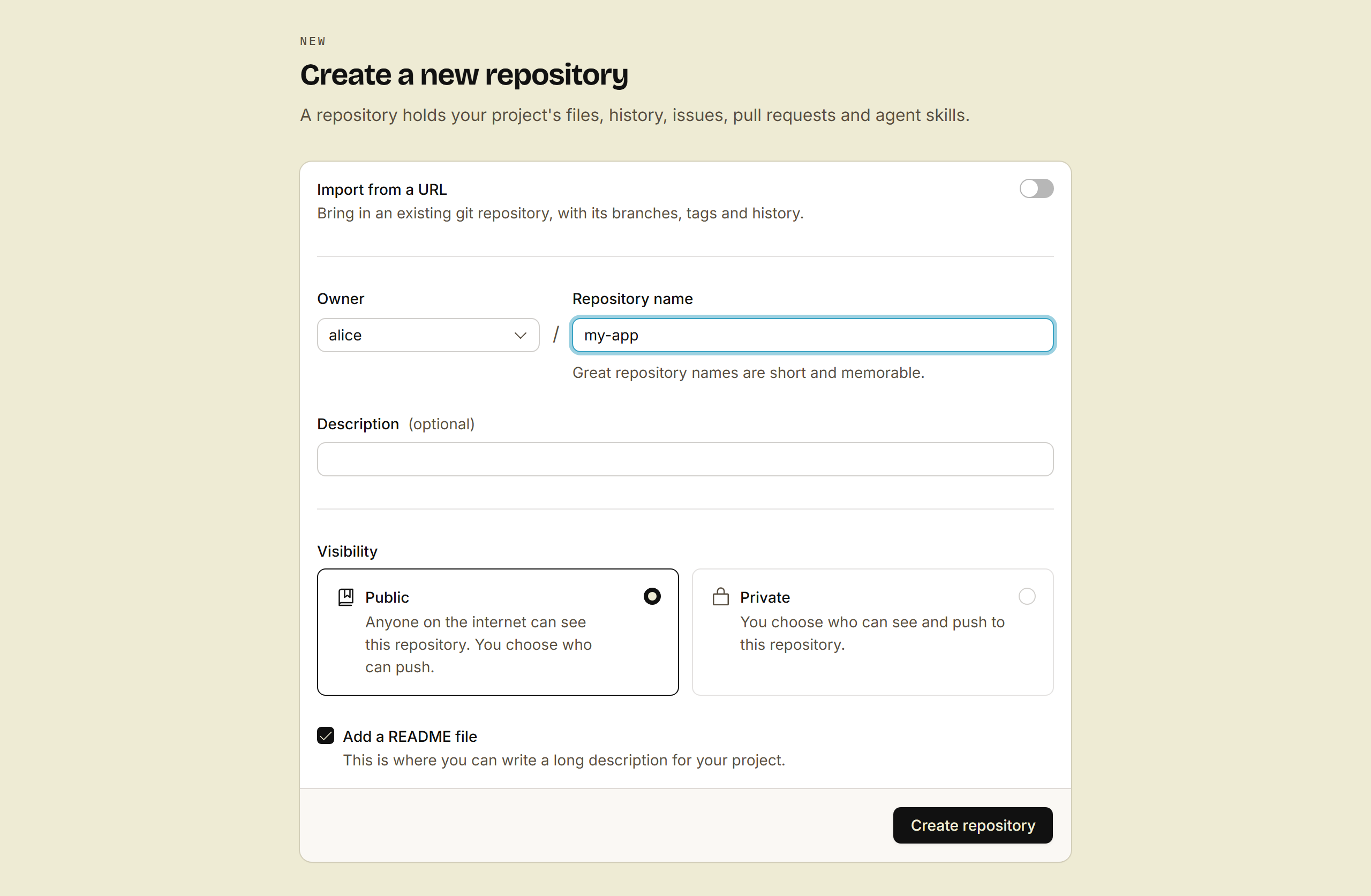 The New repository form, with the owner alice, the name my-app, and the Create repository button