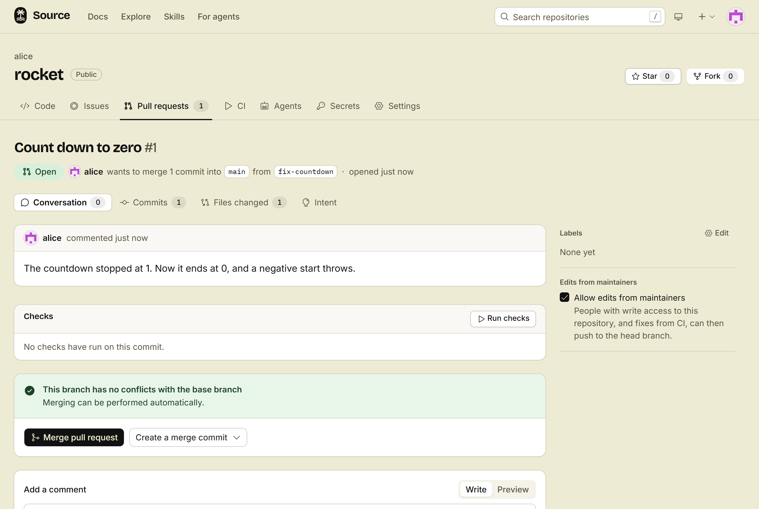 An open pull request with its description, its checks, and the Merge pull request button