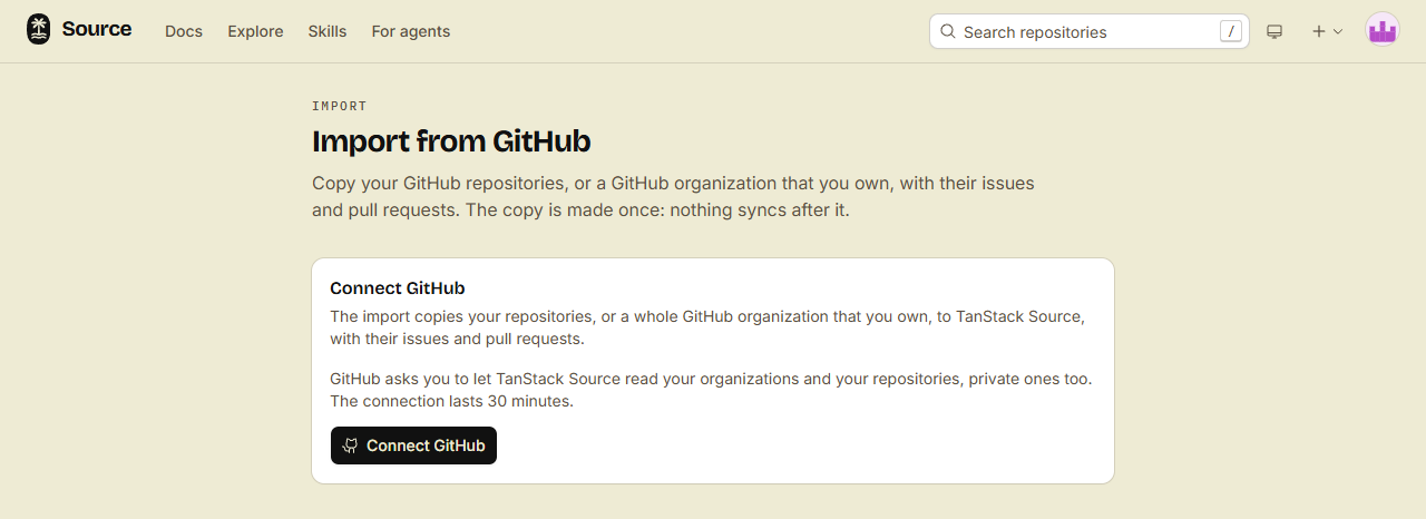 The Import from GitHub page, with the Connect GitHub button
