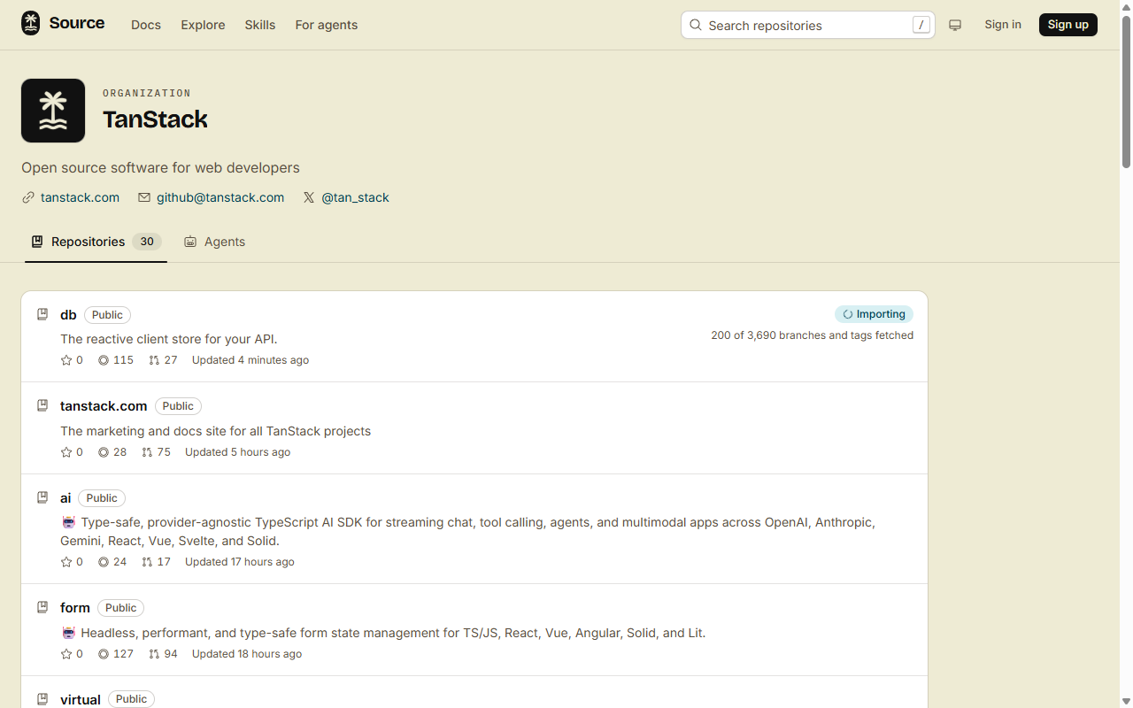 The TanStack organization page, with its logo, description and links, and an Importing badge on the db repository
