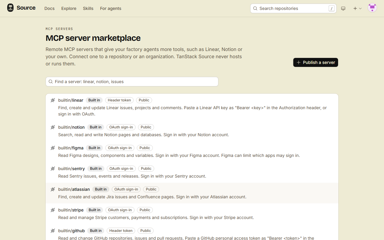 The MCP server marketplace: a search box, a Publish a server button, and the built-in servers builtin/linear, builtin/notion, builtin/figma, builtin/sentry, builtin/atlassian, builtin/stripe and builtin/github, each with the badges Built in, its credential type and Public.