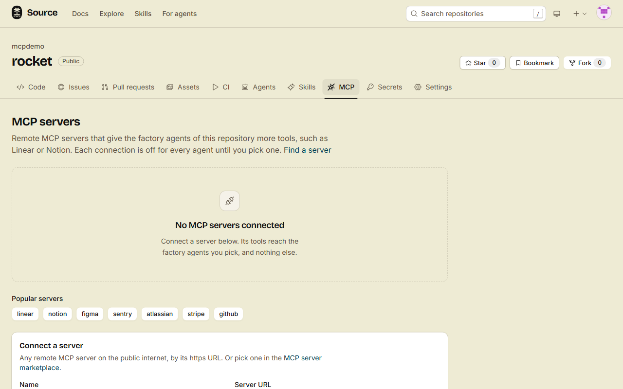 The MCP tab of a repository with no server connected yet. Under it, the row Popular servers has the buttons linear, notion, figma, sentry, atlassian, stripe and github, and below them the Connect a server form starts.