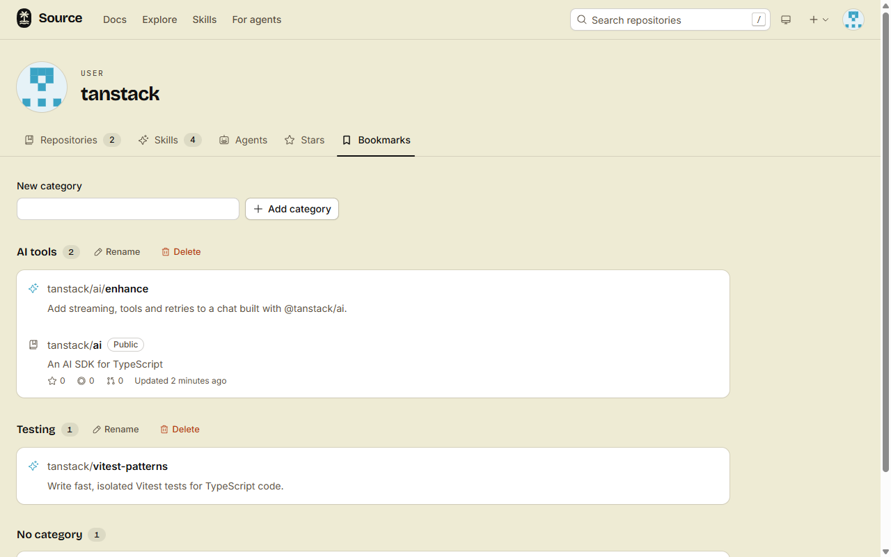 The Bookmarks tab of a profile, with bookmarks grouped by category