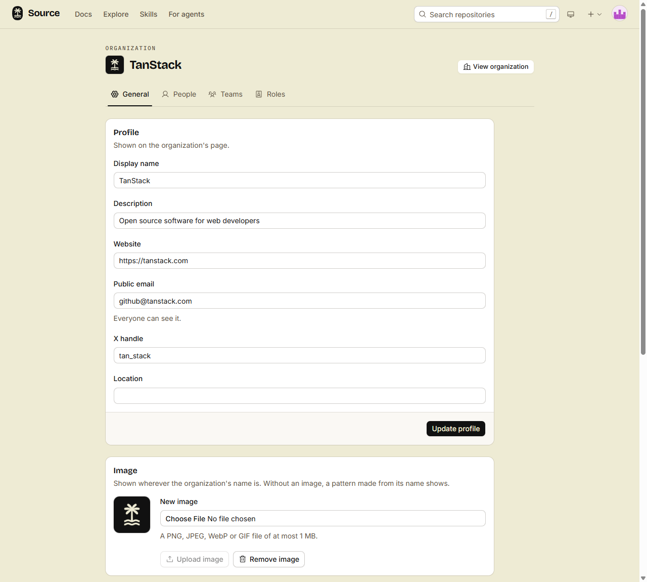 The General tab of the TanStack organization, with its profile fields and its image