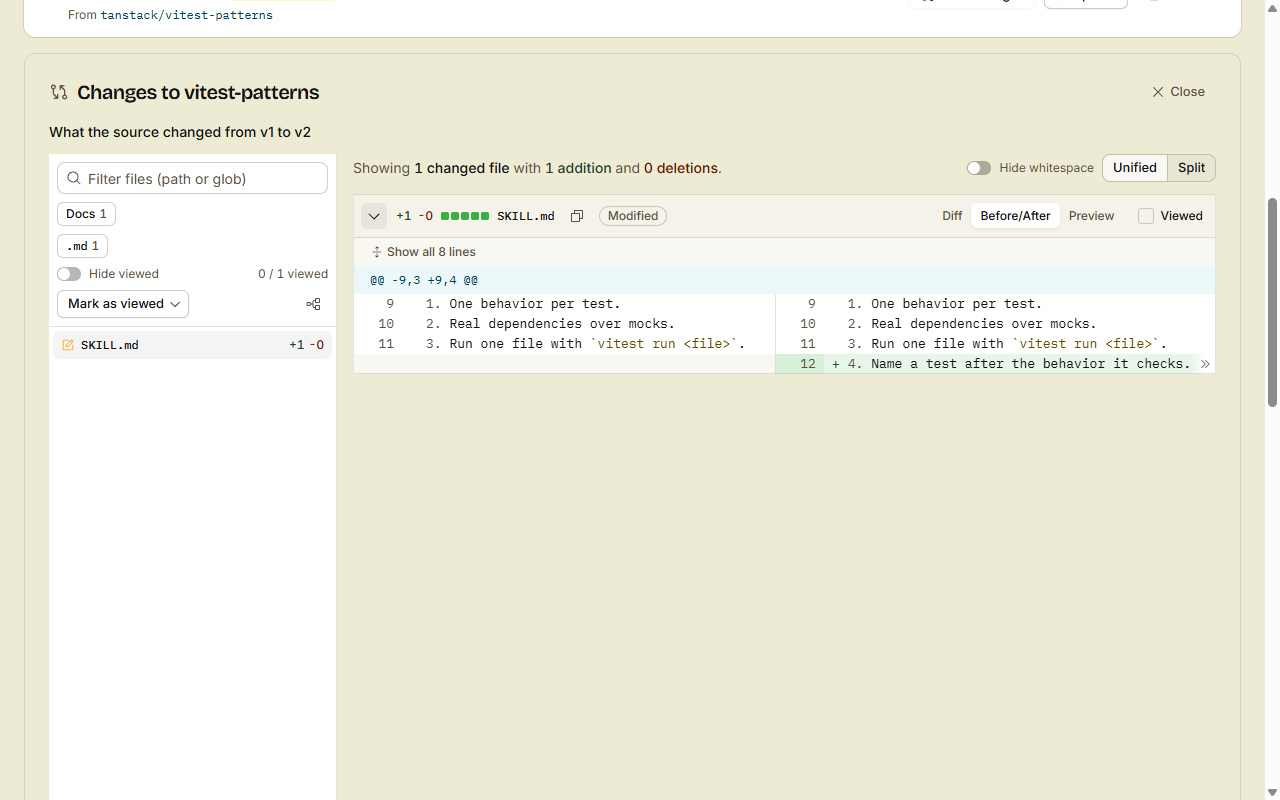 The changes of vitest-patterns from v1 to v2 in the diff viewer