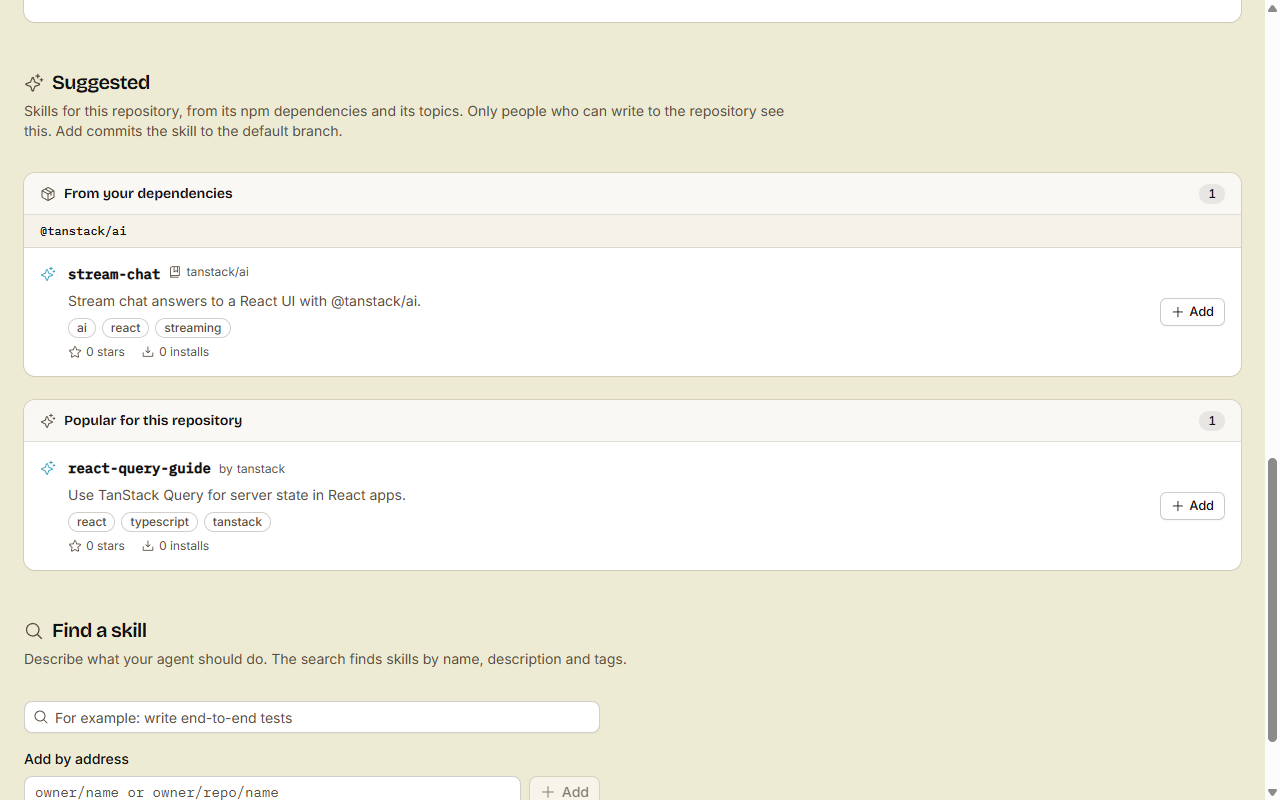 Suggested skills: one from the @tanstack/ai dependency, and one popular for the repository