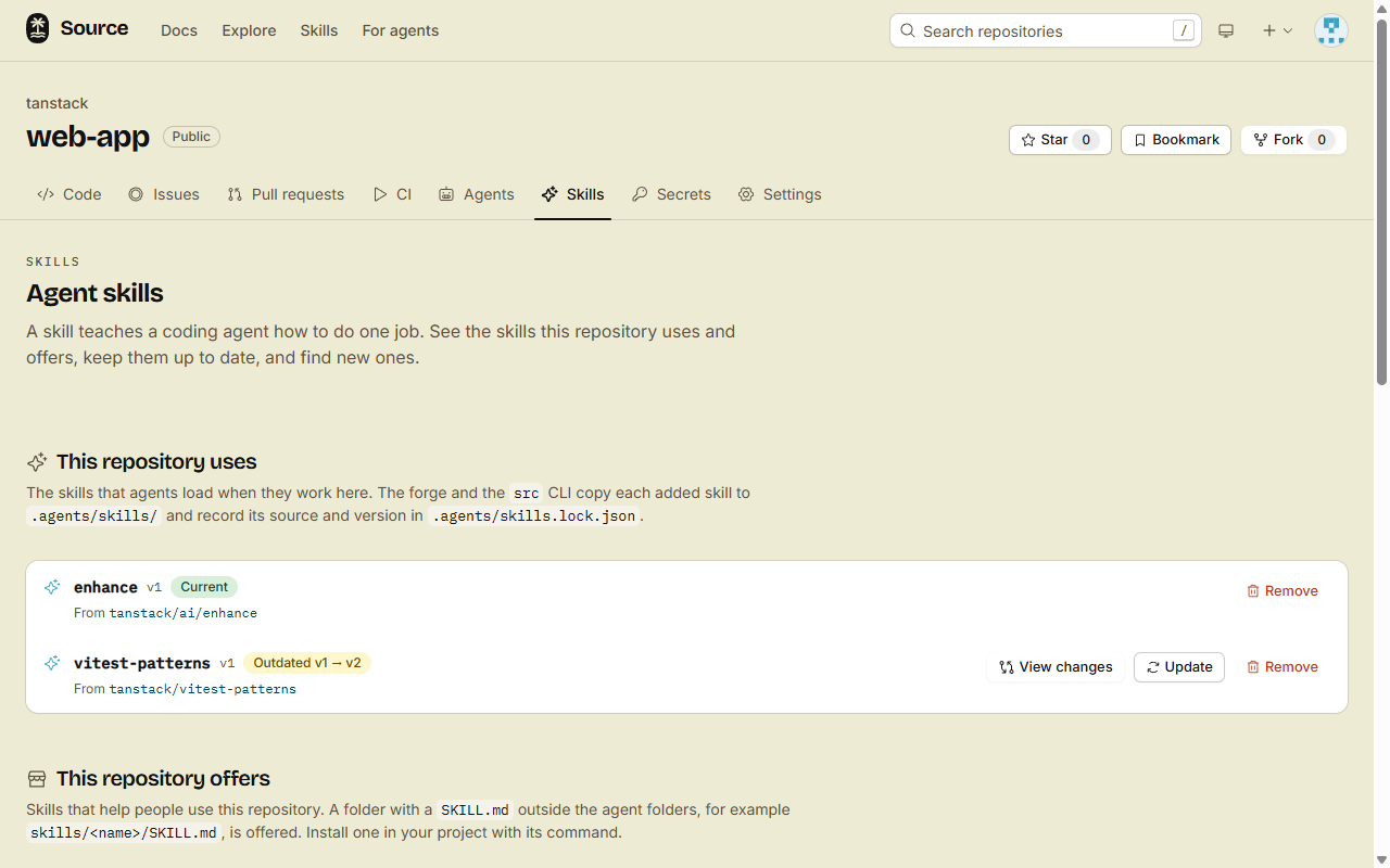 A repository's Skills tab, with the skills it uses, the skills it offers, and suggestions