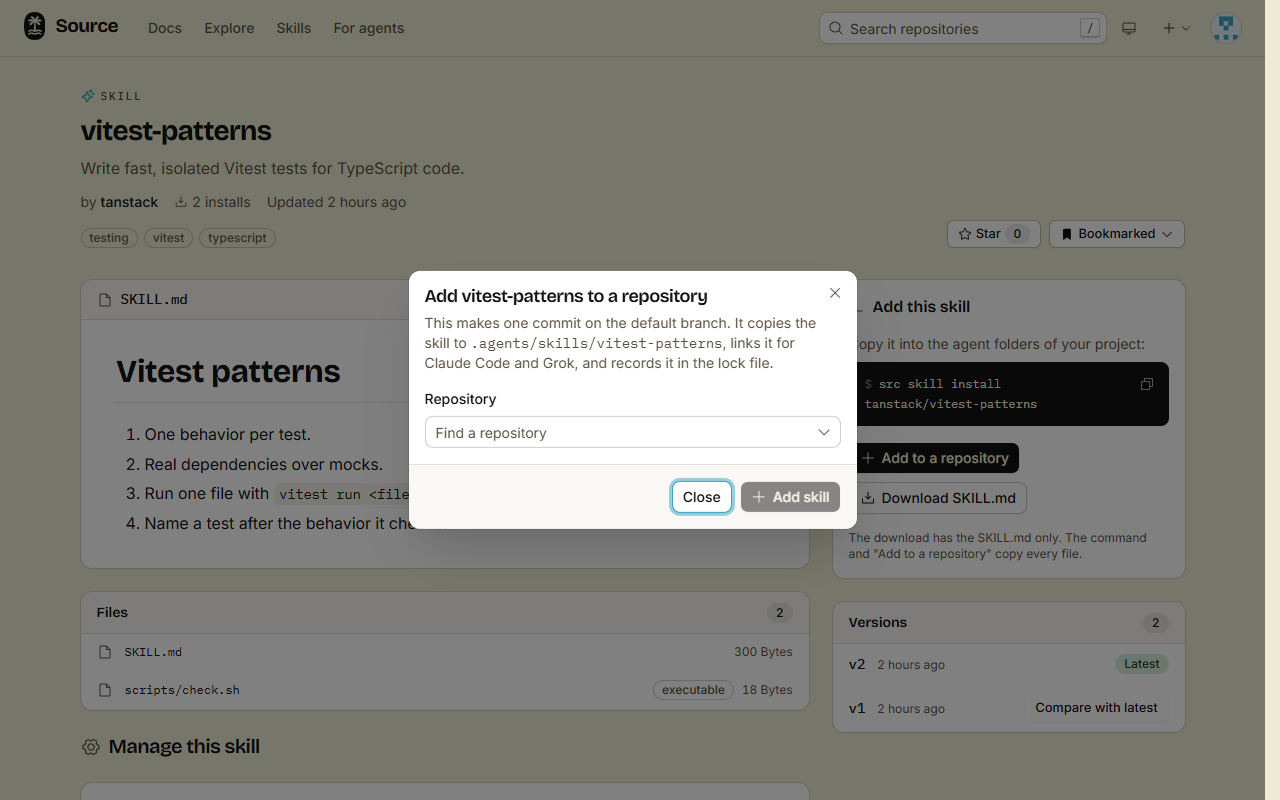 The Add to a repository dialog on a skill page, with the repository picker
