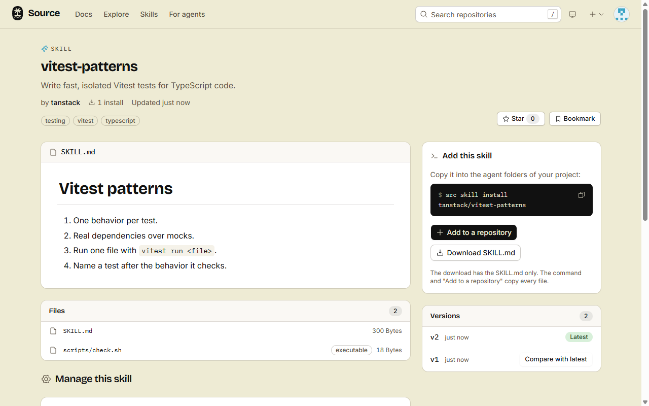 A skill page with its SKILL.md, the install command, stars, and the Add to a repository button