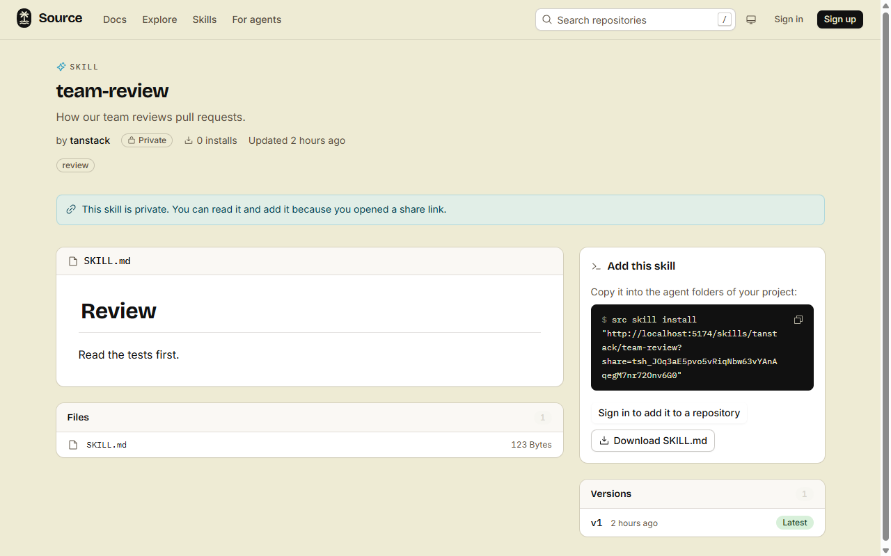 A private skill opened with a share link, with the install command that holds the link