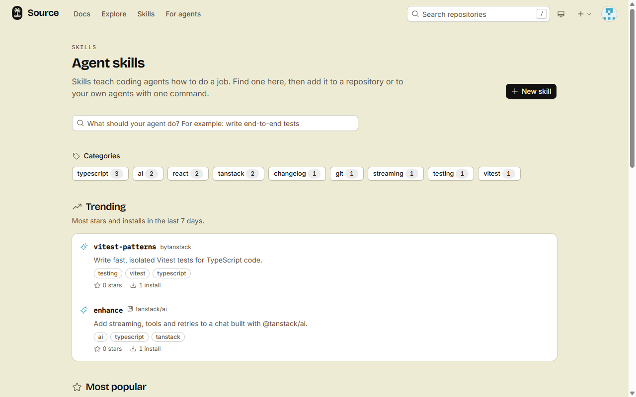 The skill marketplace at /skills, with trending skills, popular skills and tag categories
