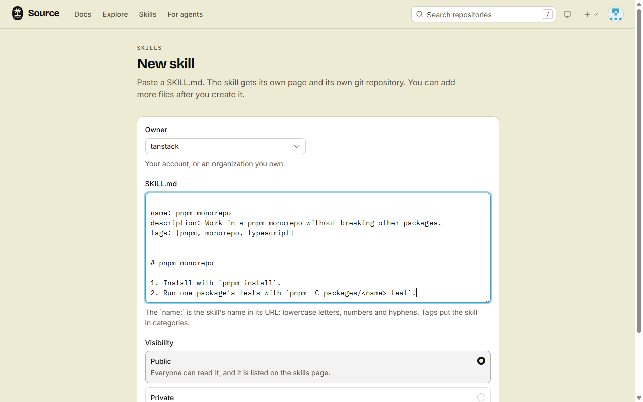 The new skill form, with a pasted SKILL.md and the owner and visibility fields