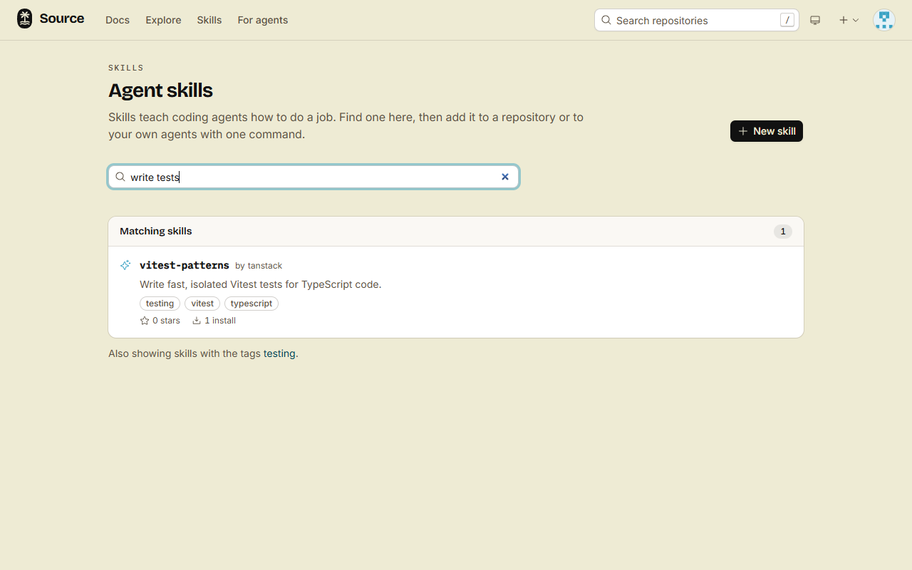 A search for "write tests" that finds vitest-patterns by its testing tag