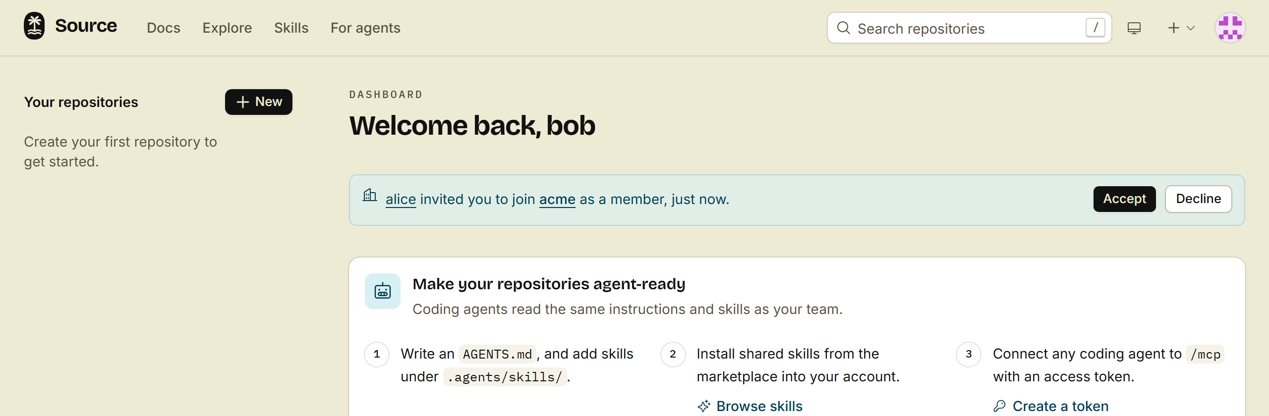 The home page of bob, with the invitation to join acme and the Accept and Decline buttons