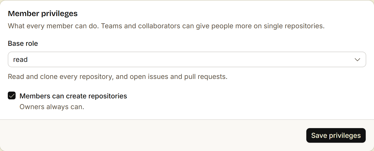 The Member privileges card, with the base role read and Members can create repositories on