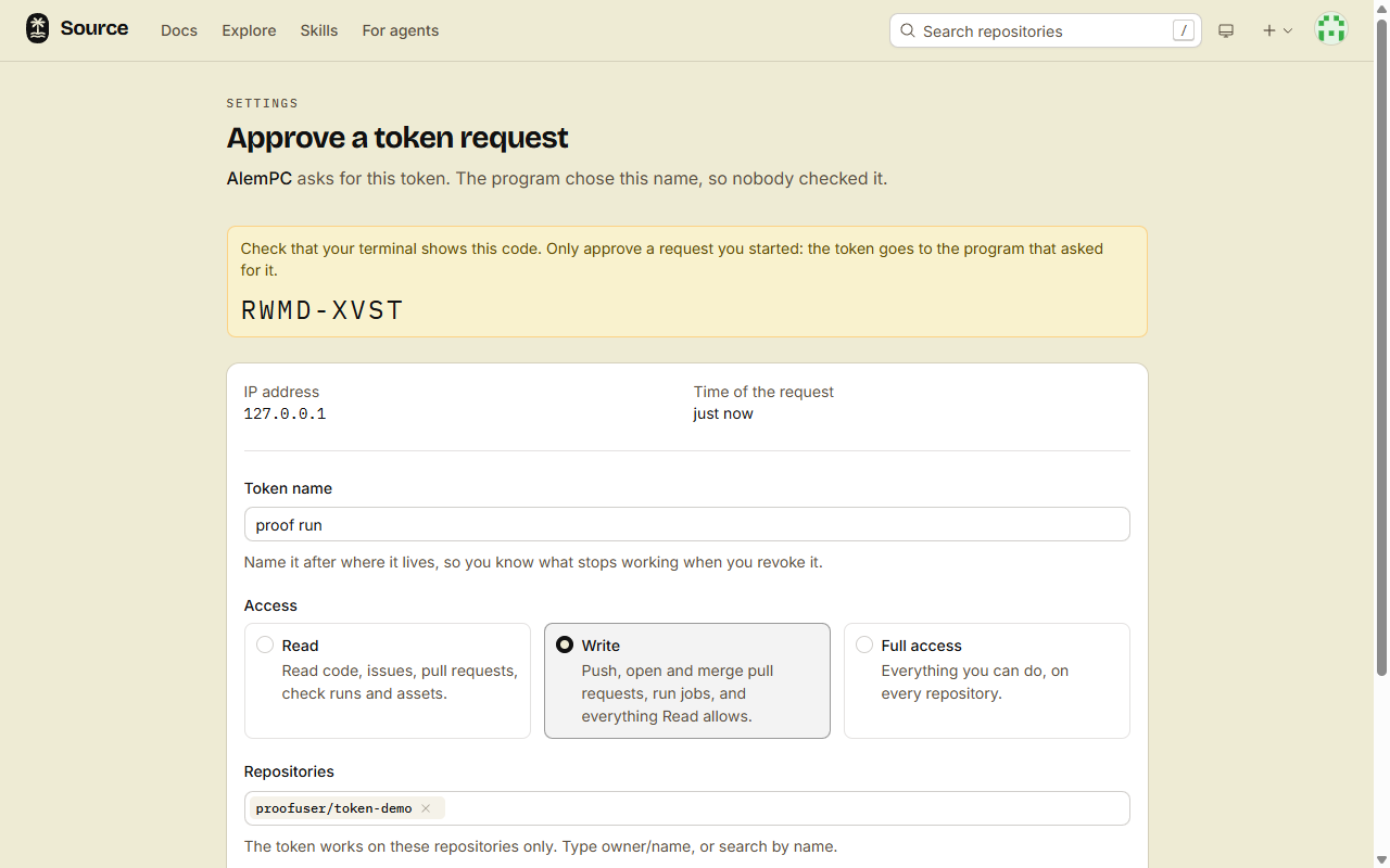 The approval page: the one-time code RWMD-XVST, the token name proof run, the Write access and the repository proofuser/token-demo