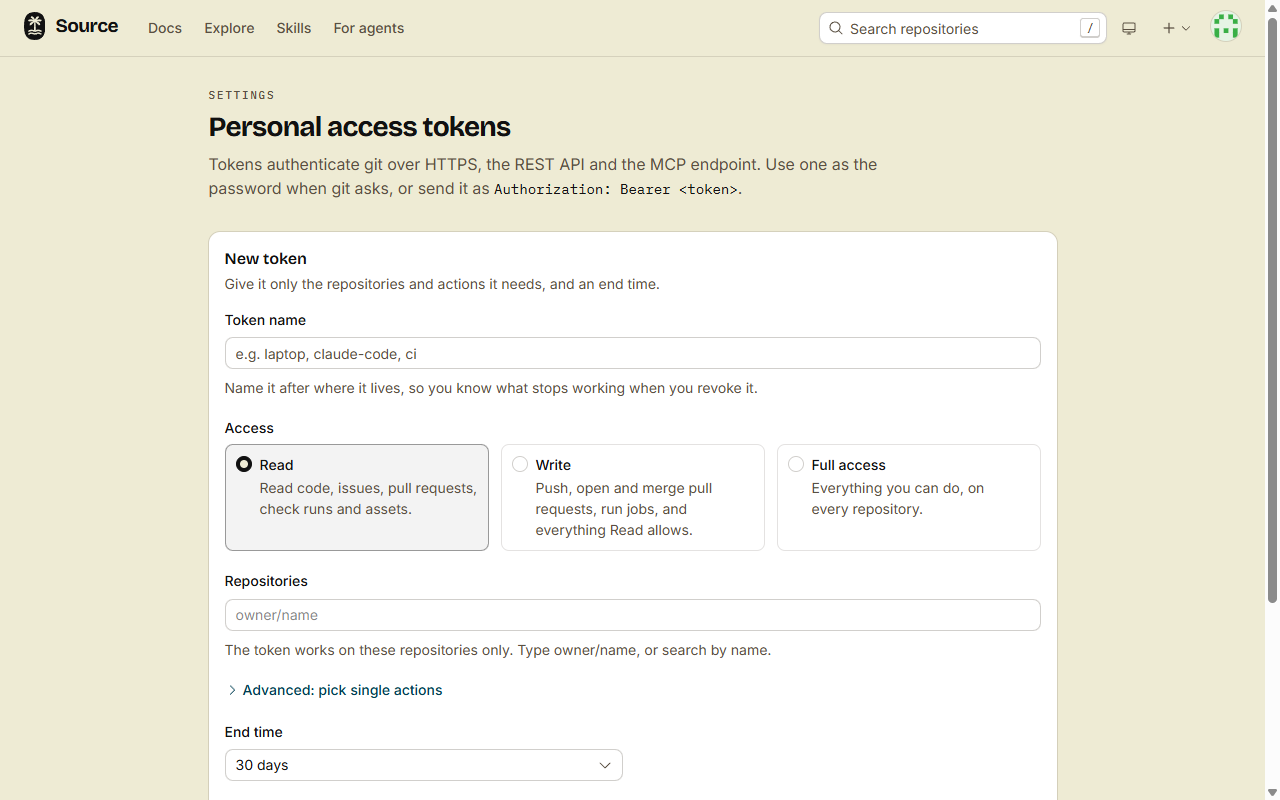 The New token form: the token name, the Read, Write and Full access choices, the repositories, and the end time of 30 days